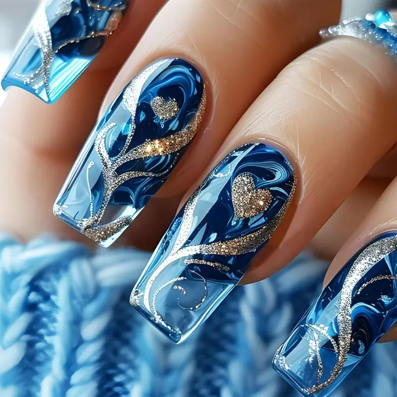 24Pcs Gold Curve Line Press on Nails Sea Acrylic Fake Nail Glossy Blue