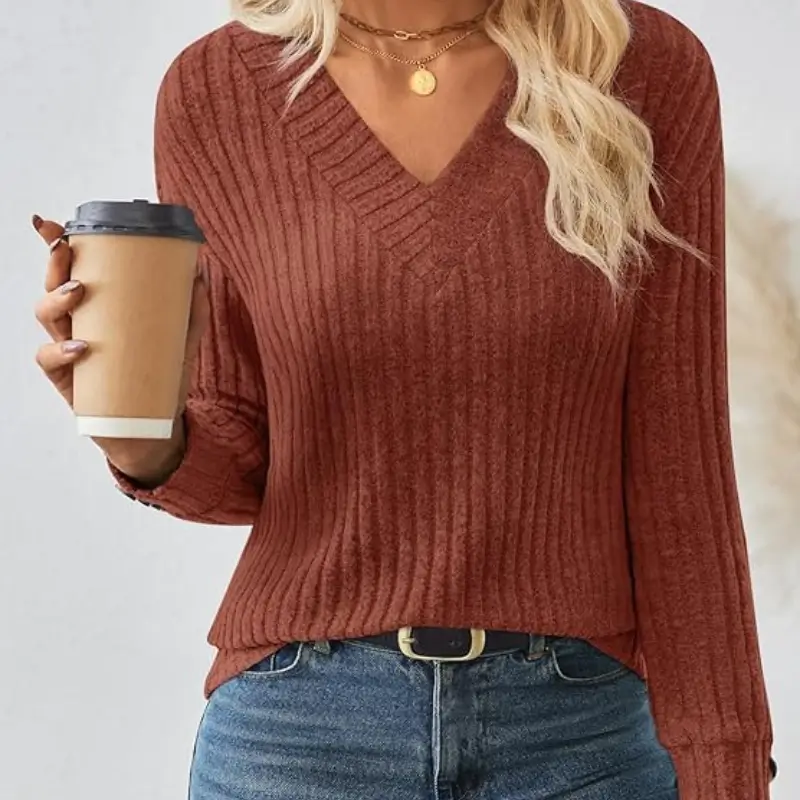 Womens V Neck Decorative Buttons Long Sleeve Shirt