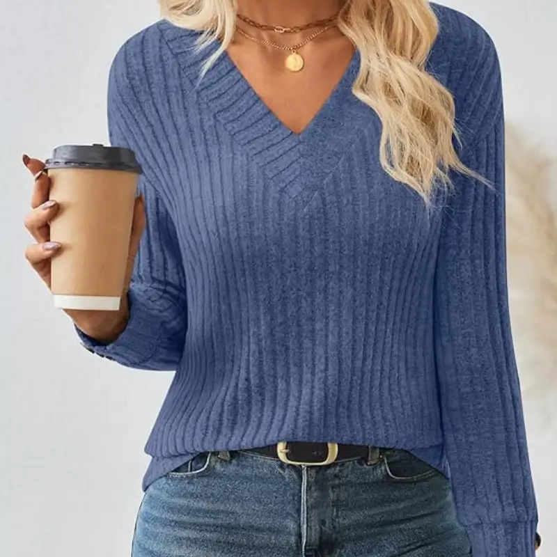 Womens V Neck Decorative Buttons Long Sleeve Shirt