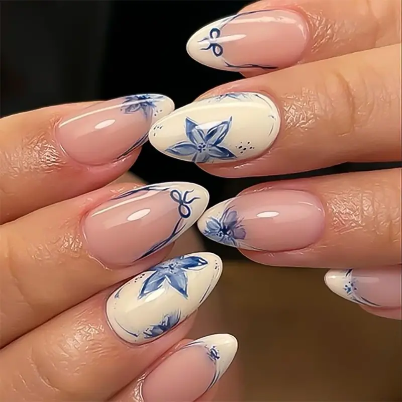 French Short Press On Nails Almond - Blue