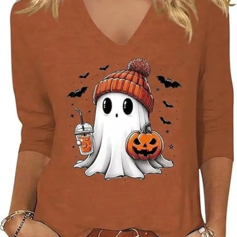 Womens Halloween 3/4 Sleeve V Neck Shirts