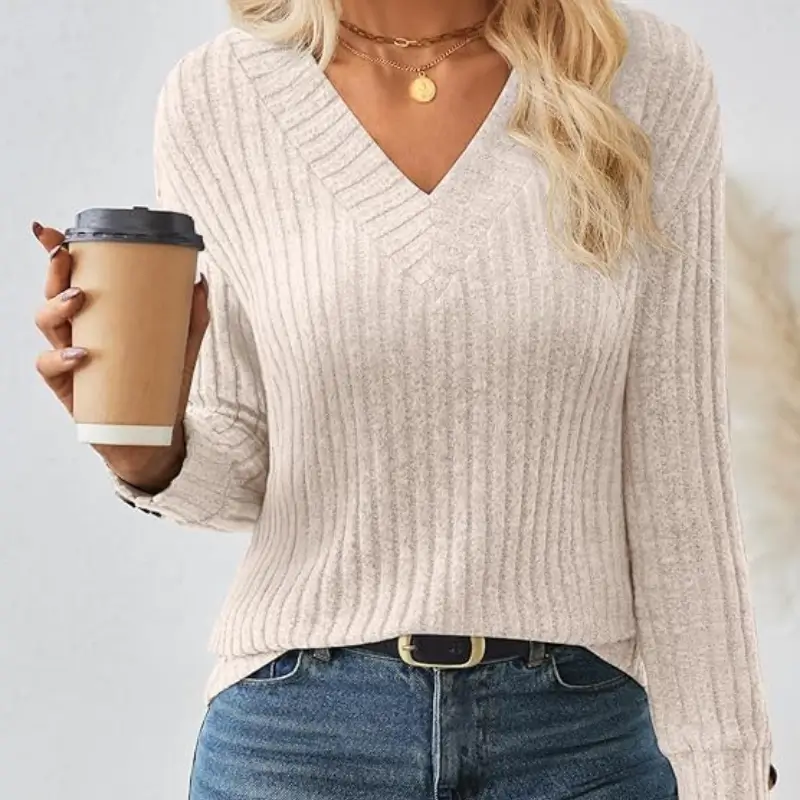 Womens V Neck Decorative Buttons Long Sleeve Shirt