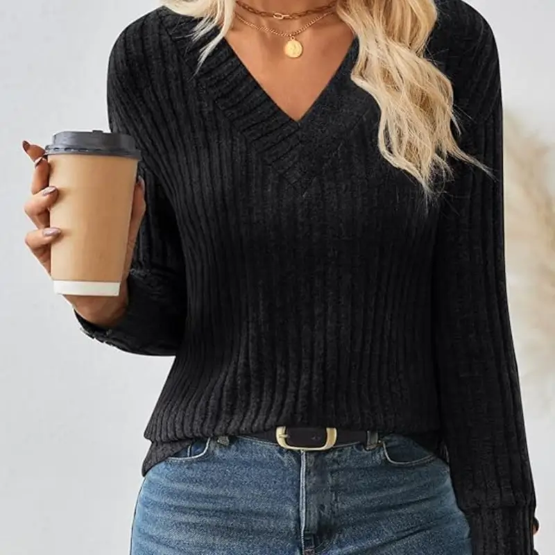 Womens V Neck Decorative Buttons Long Sleeve Shirt