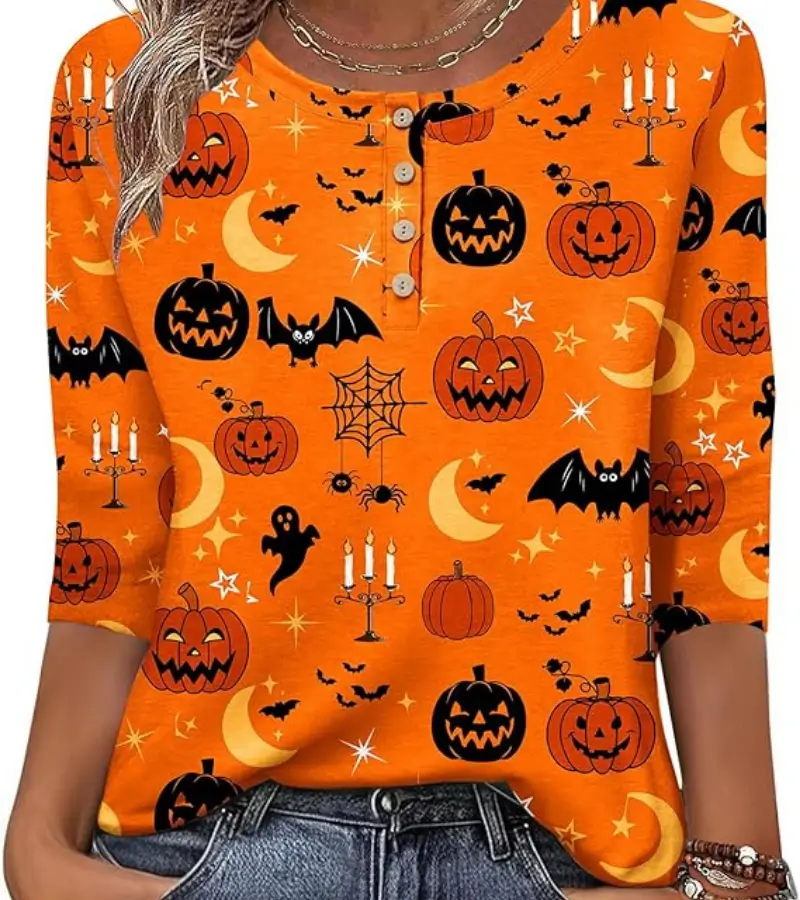 Women's Fall Halloween 3/4 Sleeve V Neck Shirt